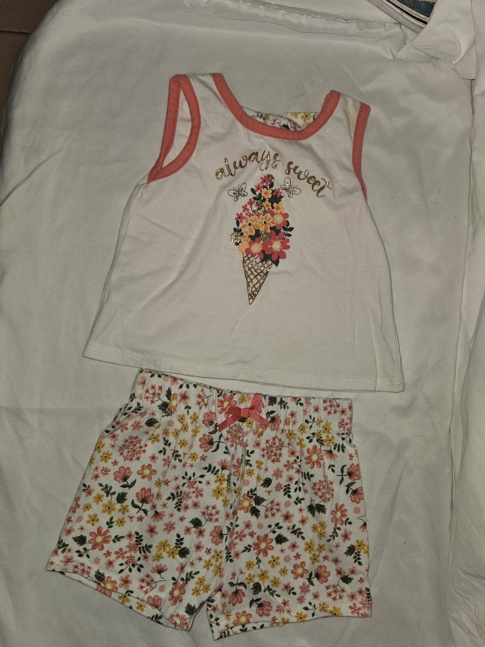 Little Lass White & Coral Floral Ice Cream Tank & Short Set SZ 12M